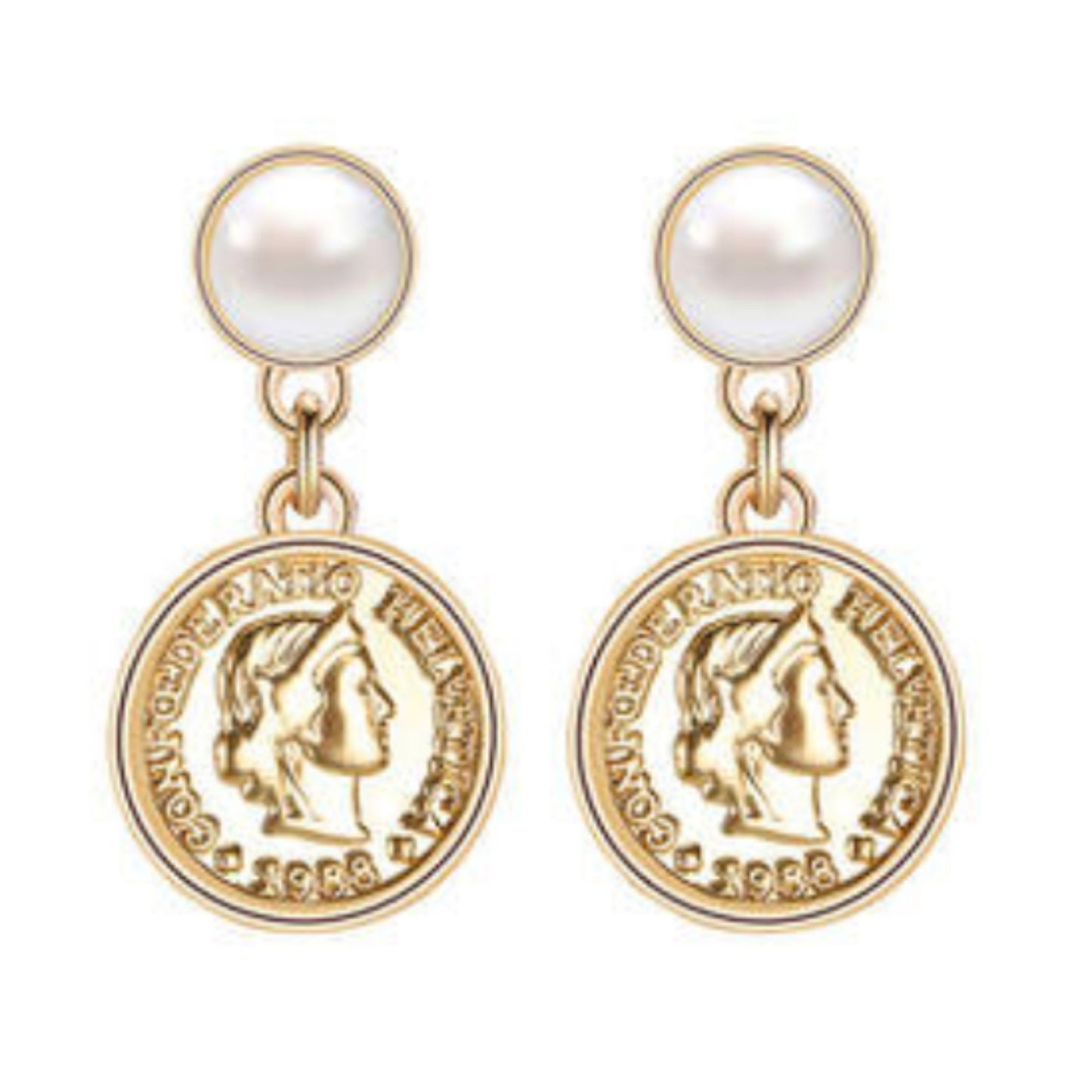 Fabulous 14K Gold Plated Coin & Pearl Earrings