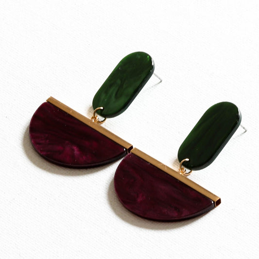 Recycled Half Moon Burgundy & Green Resin Drop Earrings