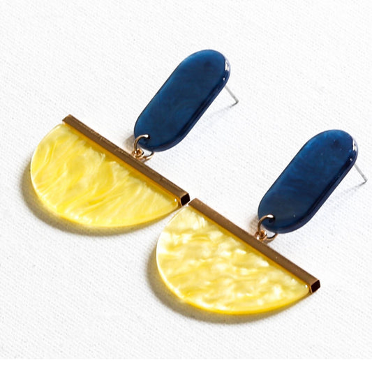 Recycled Half Moon Yellow & Blue Resin Drop Earrings