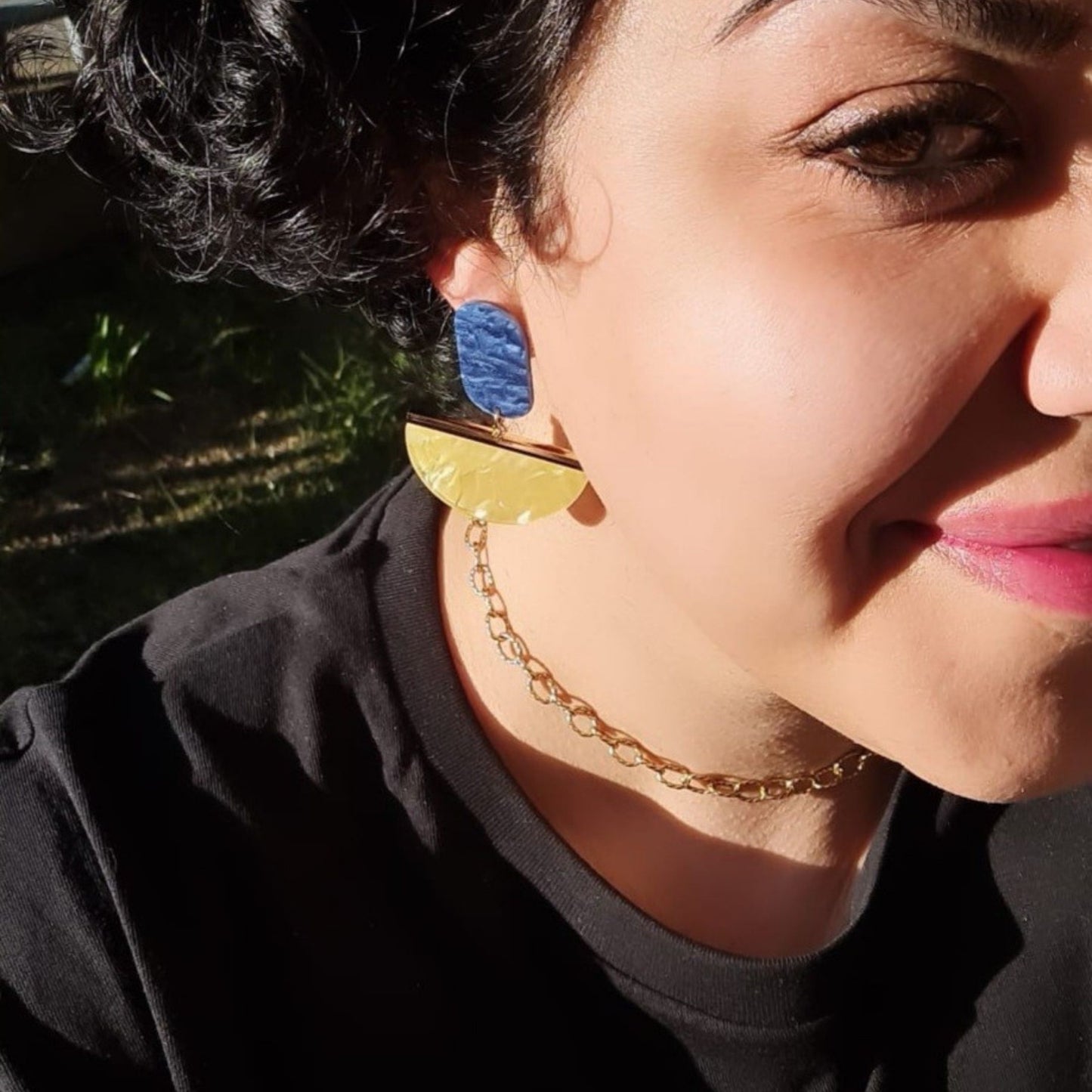 Recycled Half Moon Yellow & Blue Resin Drop Earrings